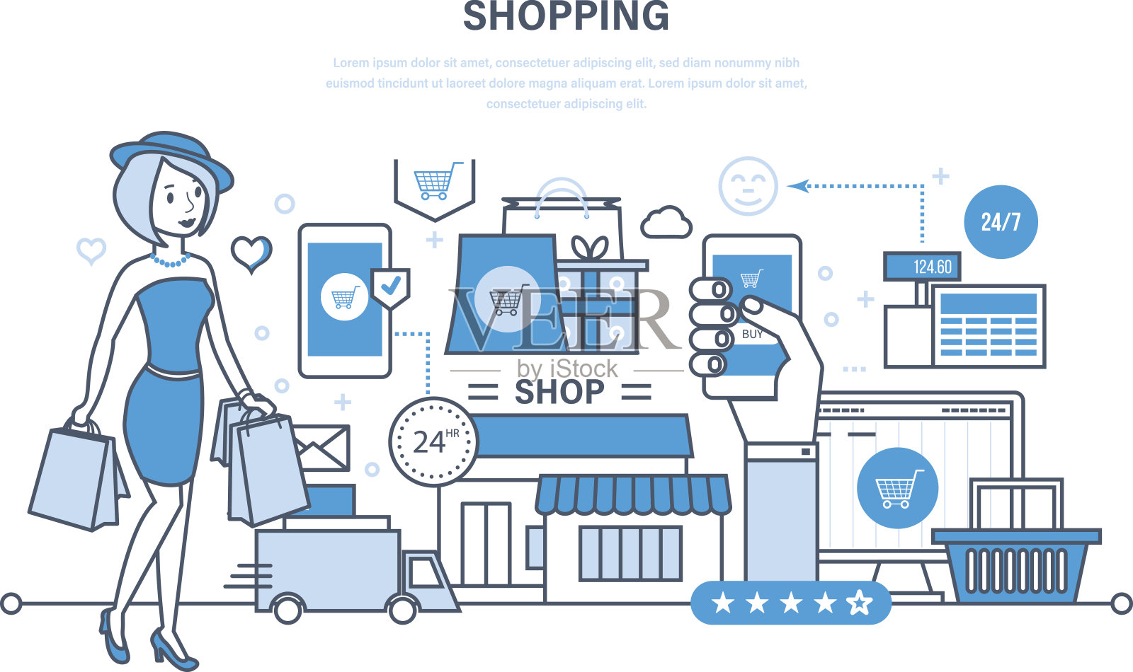 現代購物、網上訂購產品系統,安全支付、送貨插畫圖片素材