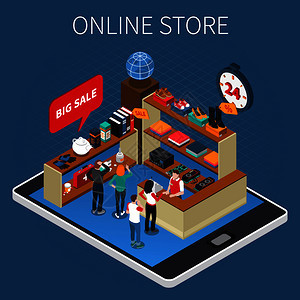 自動雜貨店購物系統與智能籃子自助機器人輔助技術等距成矢量插圖超市自動化技術等距成